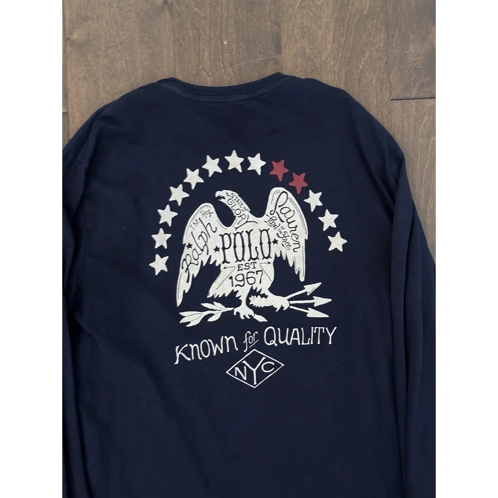 Polo Ralph Lauren Mens Custom Fit Long Sleeve Crewneck Tee Blue Eagle USA‎ Shirt